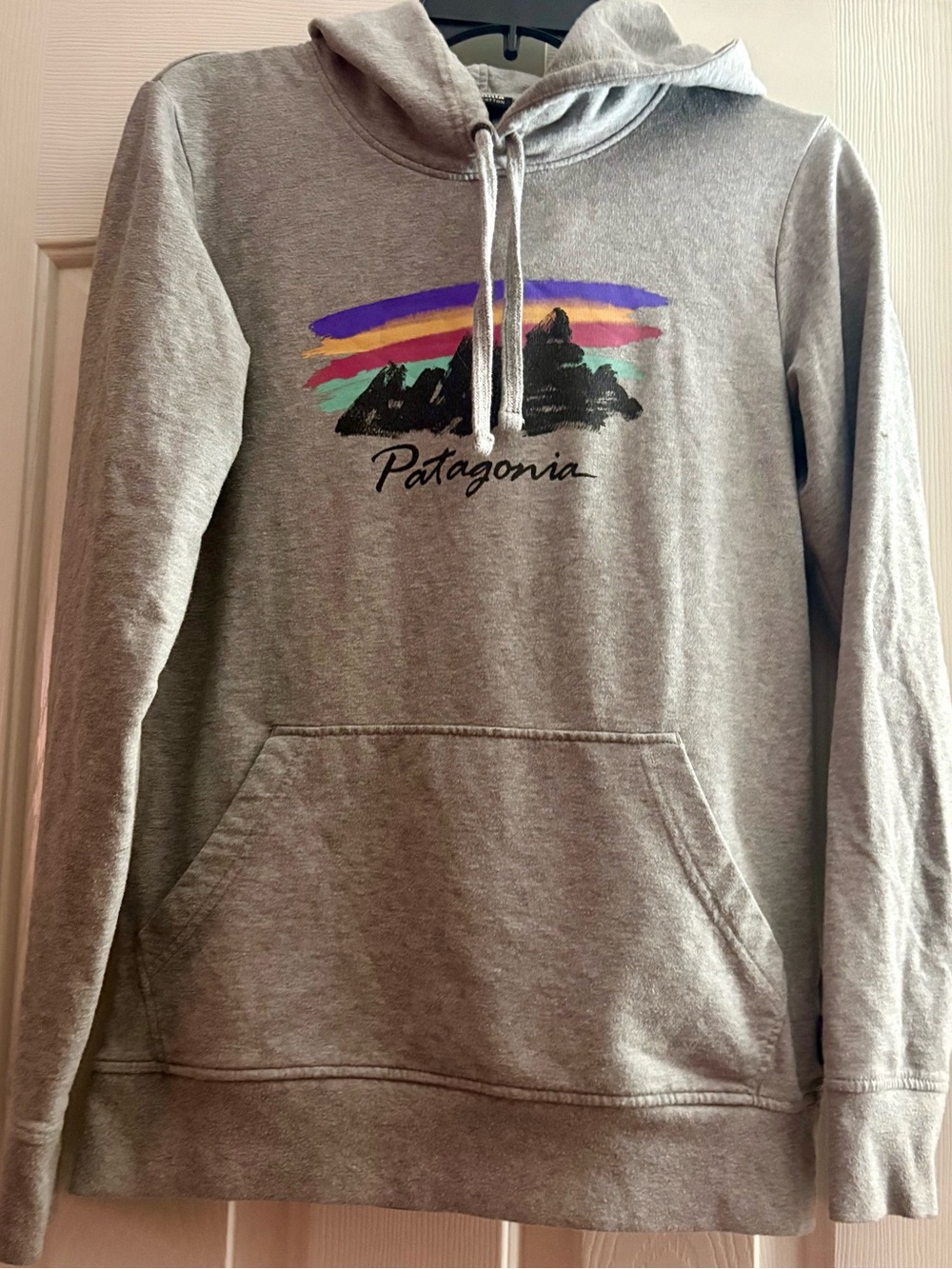 Patagonia Gray Hoodie with Multicolor Mountain Stripe
